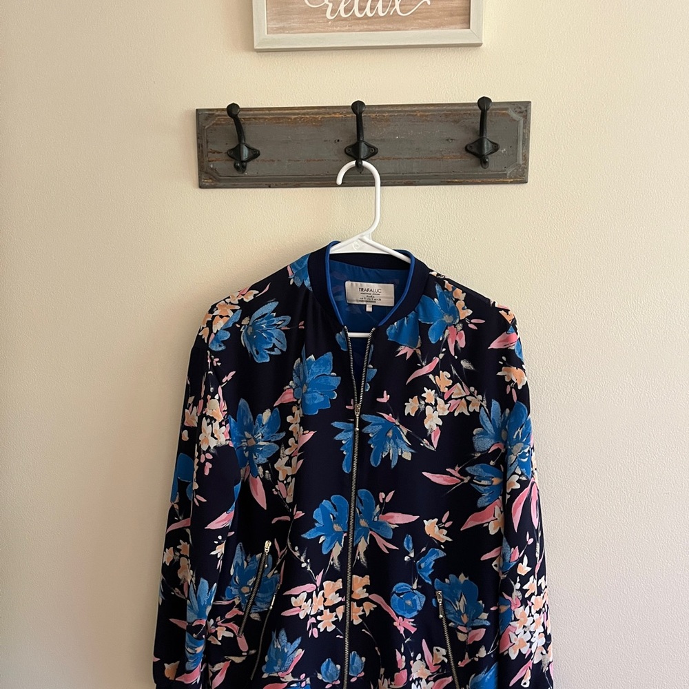 Zara Blue and Pink Floral Bomber Jacket